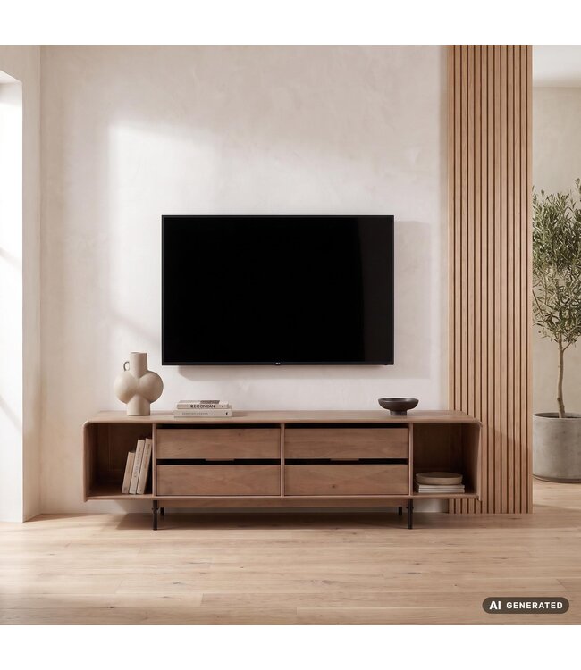 Wohnling Lowboard 180cm TV-meubel Mango Massiefhout Rechthoekig met 4 Lades - Design TV-kast - Moderne TV-tafel TV-meubel - TV-dressoir Woonkamer Handgemaakt