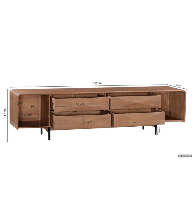 Wohnling Lowboard 180cm TV-meubel Mango Massiefhout Rechthoekig met 4 Lades - Design TV-kast - Moderne TV-tafel TV-meubel - TV-dressoir Woonkamer Handgemaakt