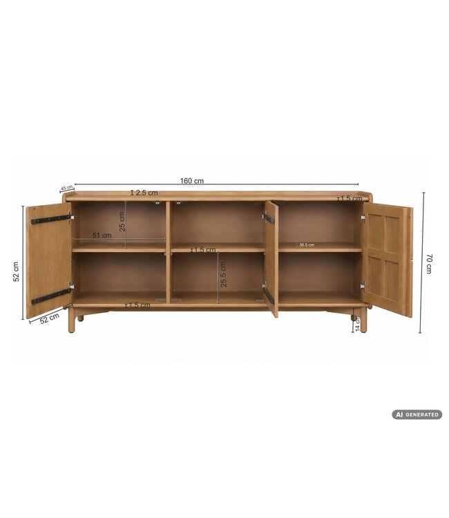 Wohnling Sideboard Mango Massiefhout 160cm - Dressoir met 3 deuren - Commode modern design - Kast Houten commode Handgemaakt