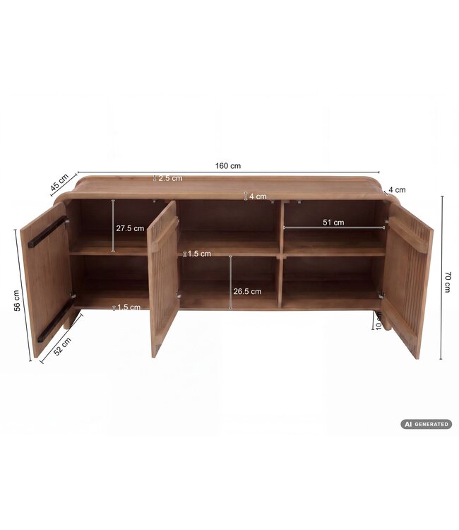 Wohnling Sideboard Massief Mangohout 160cm - Dressoir met 3 Deuren - Moderne Design Commode - Houten Kast Handgemaakt
