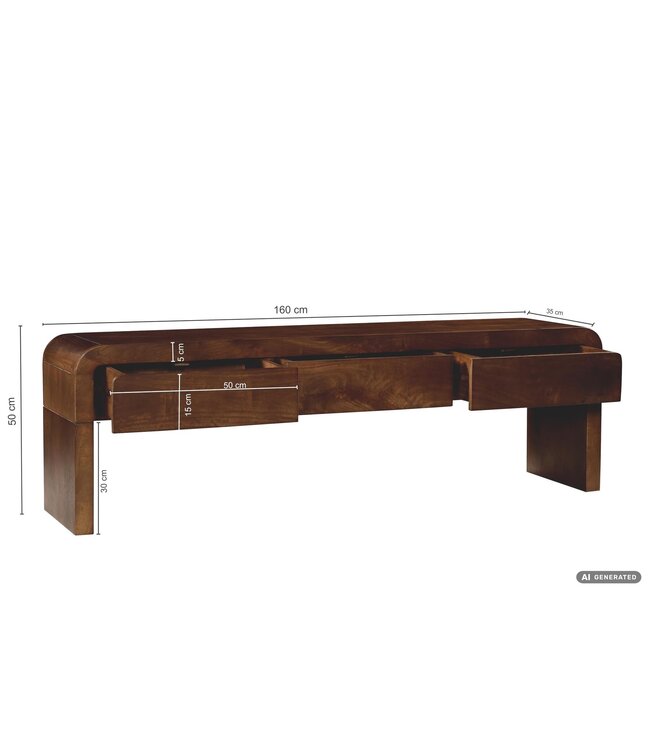 Wohnling Lowboard 160cm TV-meubel Mango Massiefhout Rechthoekig met 3 Lades - Design TV-kast - Moderne TV-tafel TV-meubel - TV-dressoir Handgemaakt