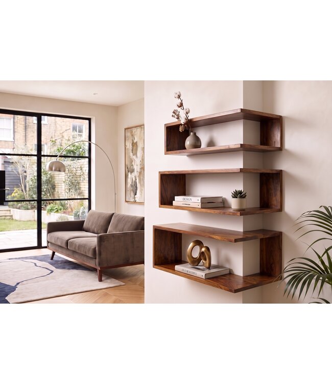 Invicta Interior Hoekplank SURREAL 55/60/65cm set van 3 sheesham hout bruin stone finish - 47766