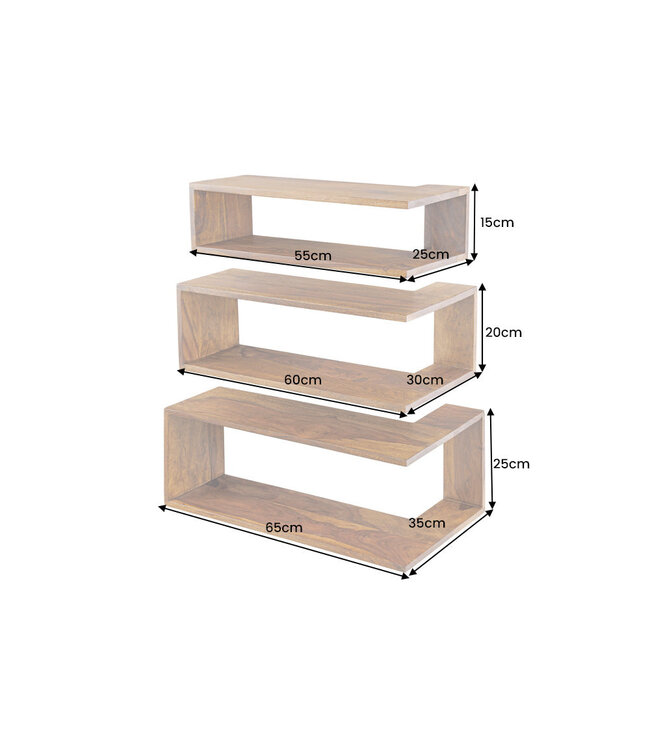 Invicta Interior Hoekplank SURREAL 55/60/65cm set van 3 sheesham hout bruin stone finish - 47766