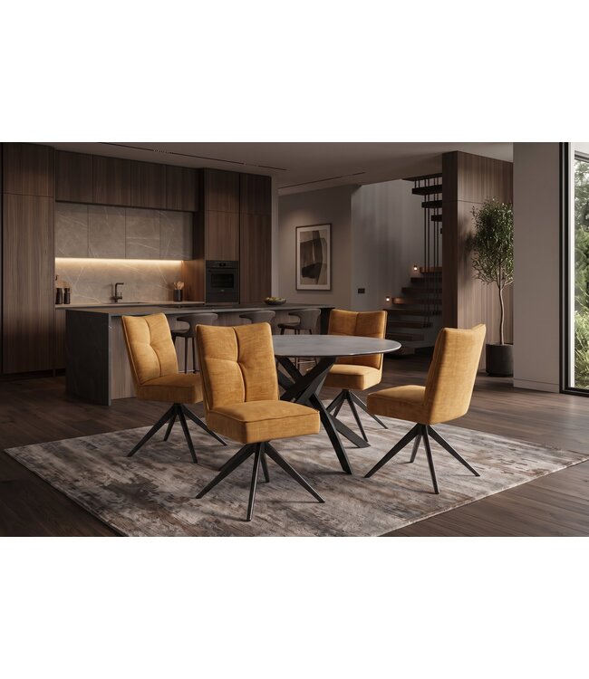 Invicta Interior Draaibare stoel LUGANO 360° automatisch terugkerend 150 kg draagvermogen spiraalvering fluweel mosterdgeel zwart - 49069