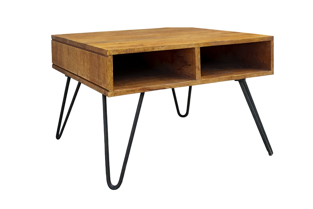 Salontafel SCORPION 60cm met opbergruimte en hairpin poten mangohout bruin honing afwerking - 49087
