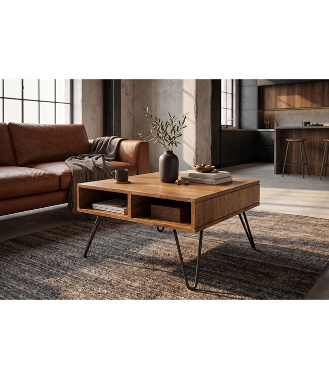 Invicta Interior Salontafel SCORPION 60cm met opbergruimte en hairpin poten mangohout bruin honing afwerking - 49087