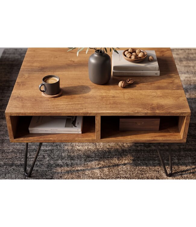 Invicta Interior Salontafel SCORPION 60cm met opbergruimte en hairpin poten mangohout bruin honing afwerking - 49087