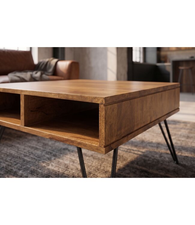 Invicta Interior Salontafel SCORPION 60cm met opbergruimte en hairpin poten mangohout bruin honing afwerking - 49087