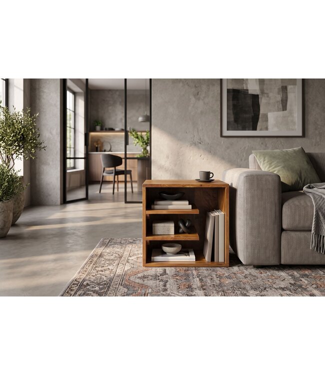 Invicta Interior Bijzettafel CUBUS 45cm met opbergvak mangohout bruin honing afwerking - 49352