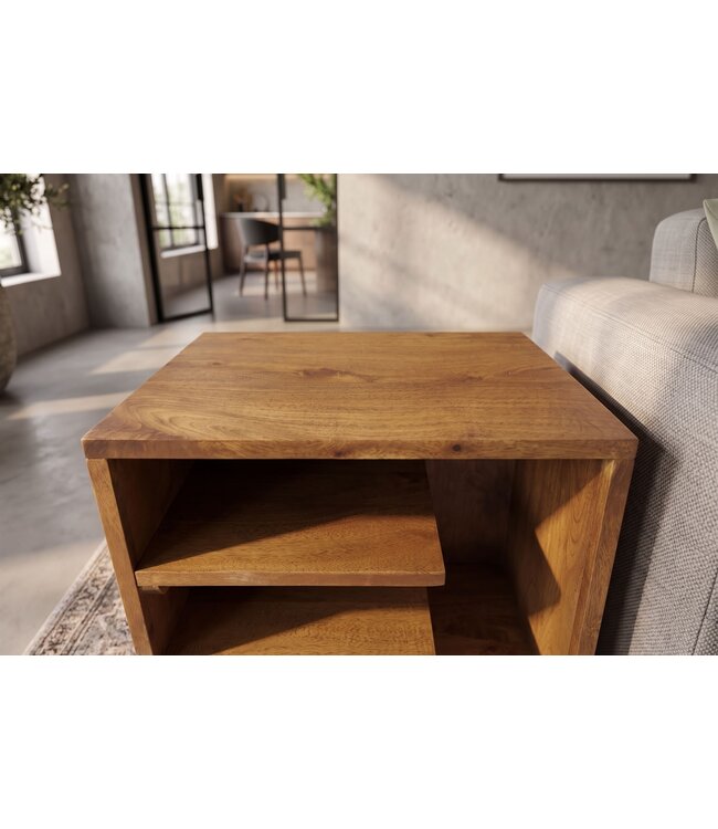 Invicta Interior Bijzettafel CUBUS 45cm met opbergvak mangohout bruin honing afwerking - 49352