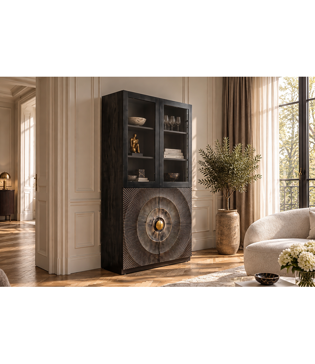 Invicta Interior Highboard GOLDEN SUNSET 180cm 3D met glazen deuren mangohout zwart goud - 49371