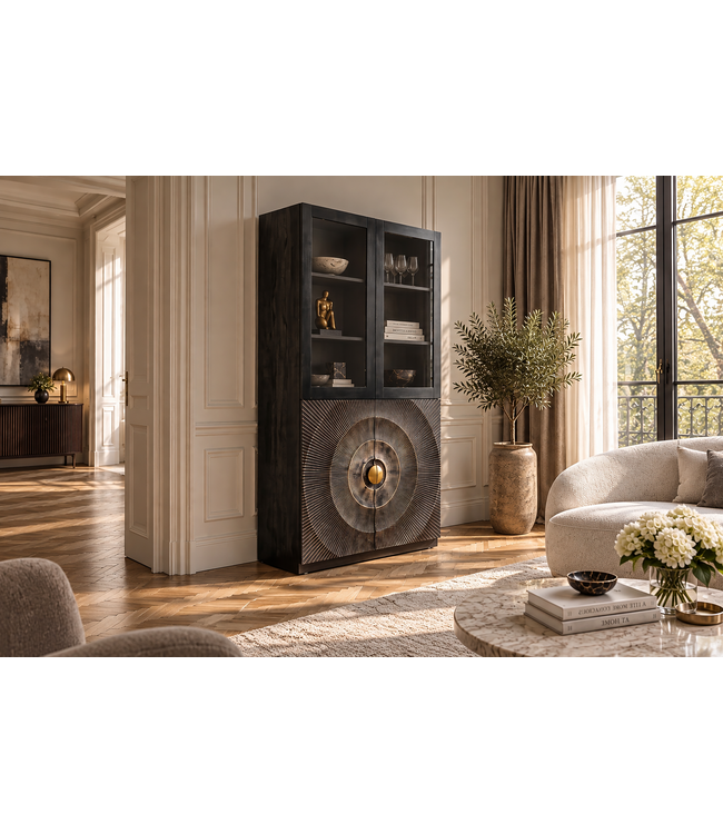 Invicta Interior Highboard GOLDEN SUNSET 180cm 3D met glazen deuren mangohout zwart goud - 49371