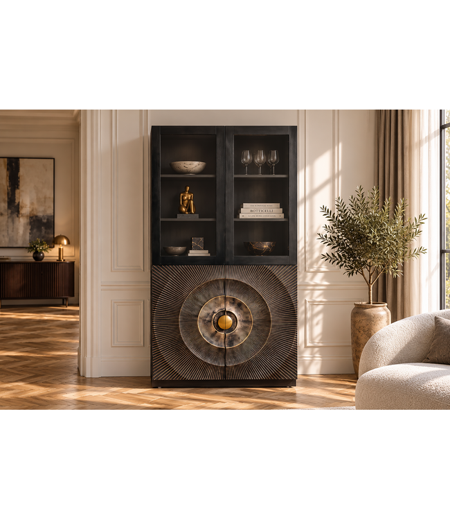 Invicta Interior Highboard GOLDEN SUNSET 180cm 3D met glazen deuren mangohout zwart goud - 49371