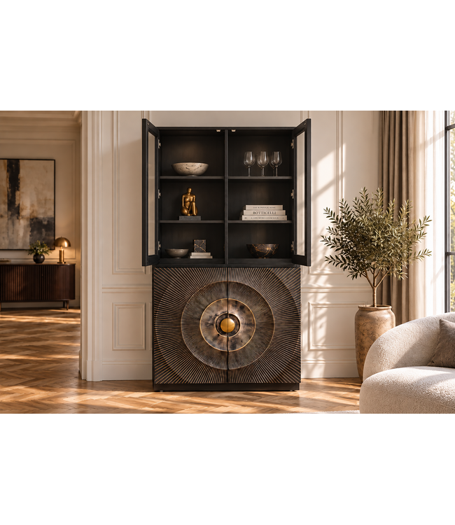 Invicta Interior Highboard GOLDEN SUNSET 180cm 3D met glazen deuren mangohout zwart goud - 49371