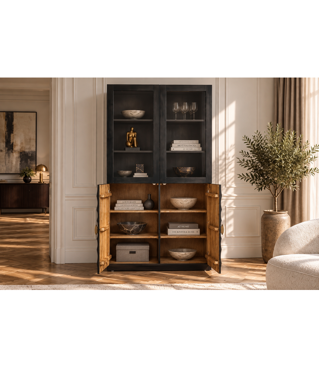 Invicta Interior Highboard GOLDEN SUNSET 180cm 3D met glazen deuren mangohout zwart goud - 49371