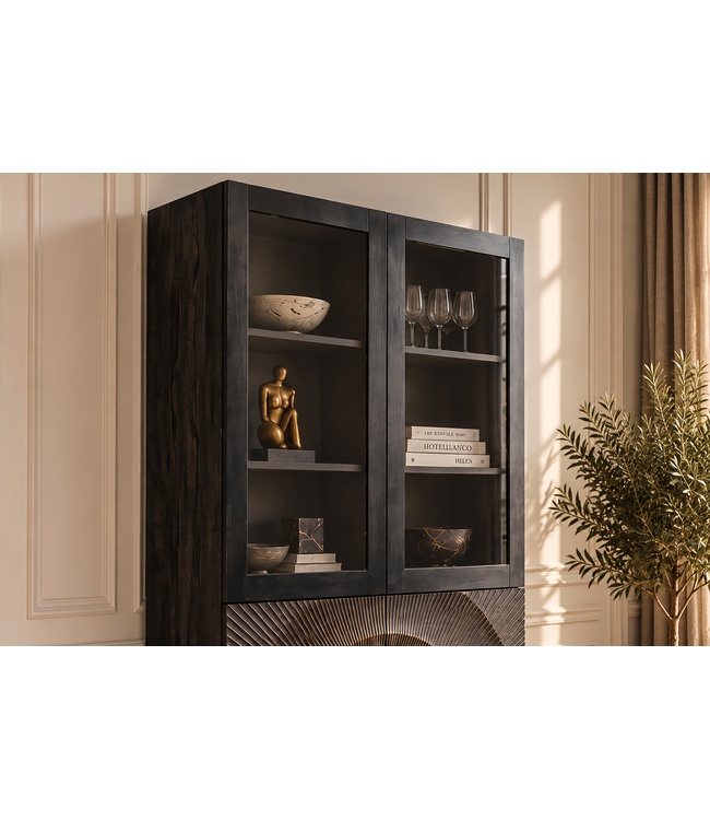 Invicta Interior Highboard GOLDEN SUNSET 180cm 3D met glazen deuren mangohout zwart goud - 49371