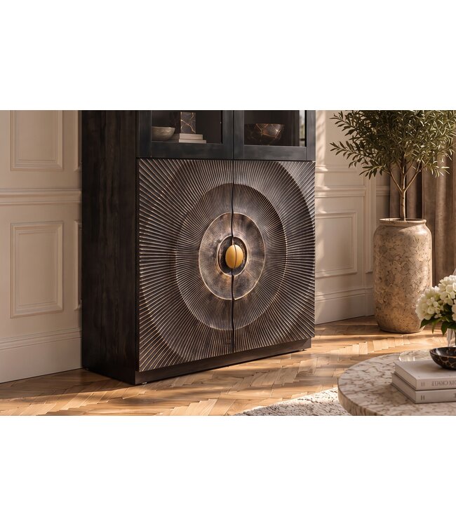 Invicta Interior Highboard GOLDEN SUNSET 180cm 3D met glazen deuren mangohout zwart goud - 49371