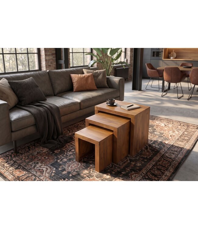 Invicta Interior Bijzettafel MAKASSAR 25-45cm set van 3 mangohout bruin honing afwerking - 49377