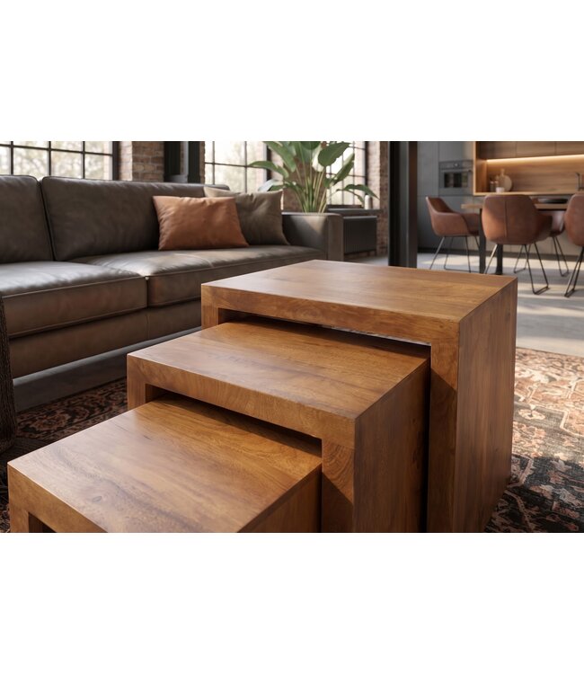 Invicta Interior Bijzettafel MAKASSAR 25-45cm set van 3 mangohout bruin honing afwerking - 49377