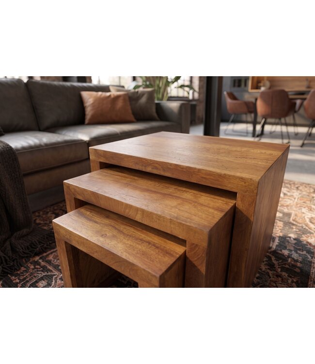 Invicta Interior Bijzettafel MAKASSAR 25-45cm set van 3 mangohout bruin honing afwerking - 49377