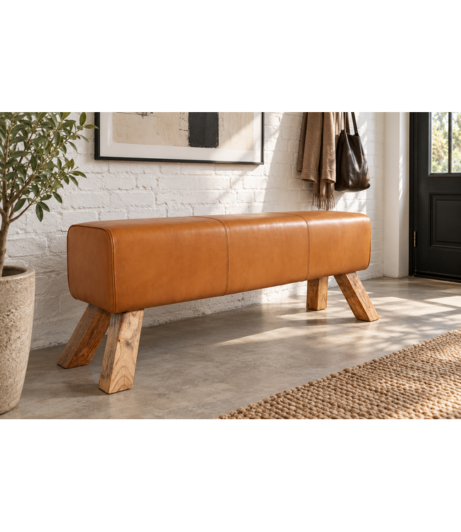 Invicta Interior Zitbank TURNBOCK 120cm mangohout echt leer cognac bruin - 49394