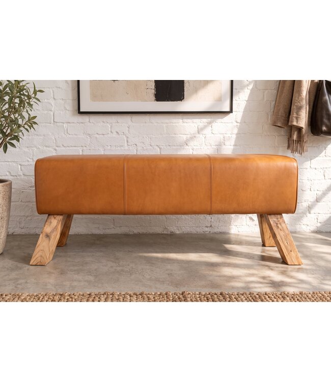 Invicta Interior Zitbank TURNBOCK 120cm mangohout echt leer cognac bruin - 49394