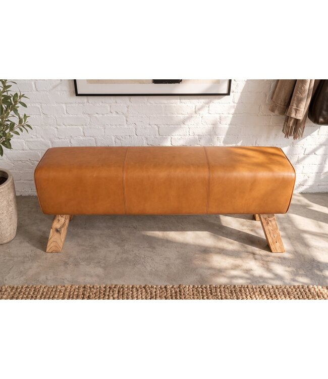 Invicta Interior Zitbank TURNBOCK 120cm mangohout echt leer cognac bruin - 49394