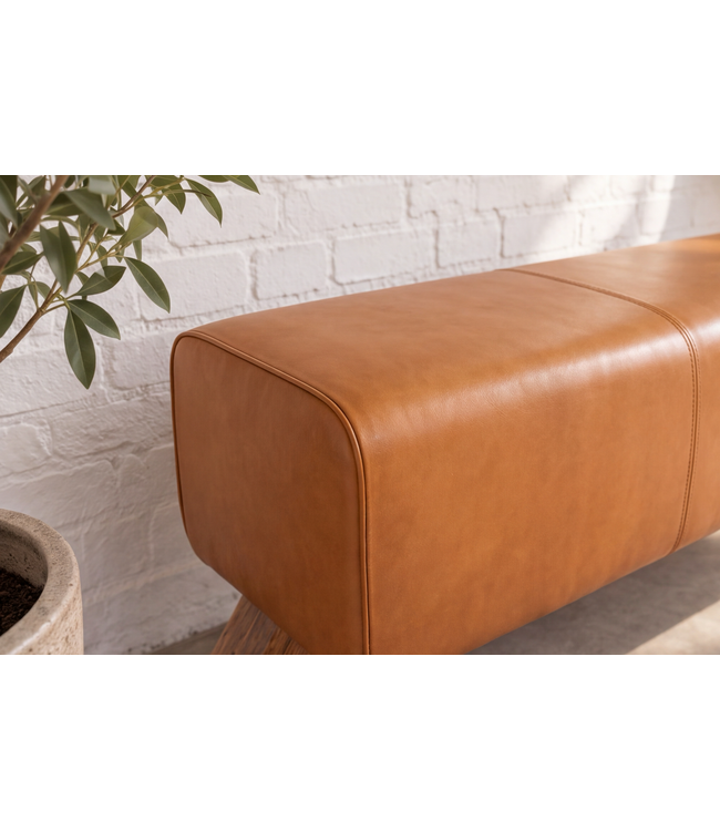 Invicta Interior Zitbank TURNBOCK 120cm mangohout echt leer cognac bruin - 49394