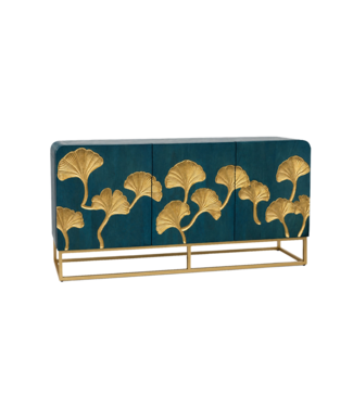 Invicta Interior Dressoir GINKGO 160cm ginkgoblad front mangohout turkoois met gouden metalen frame - 49494