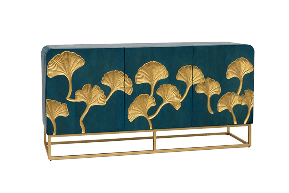 Dressoir GINKGO 160cm ginkgoblad front mangohout turkoois met gouden metalen frame - 49494