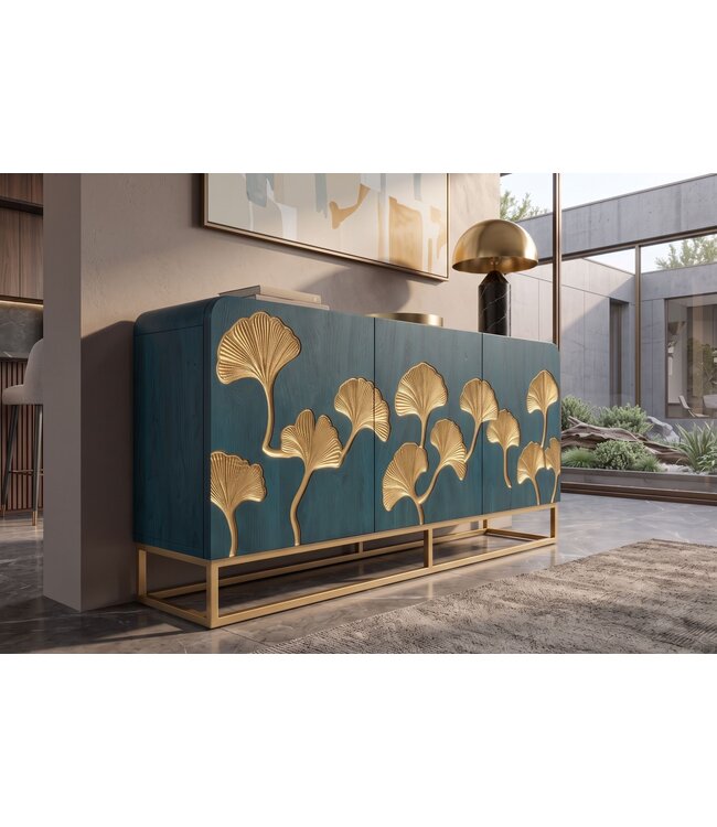 Invicta Interior Dressoir GINKGO 160cm ginkgoblad front mangohout turkoois met gouden metalen frame - 49494