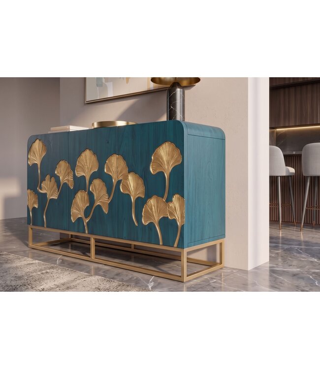 Invicta Interior Dressoir GINKGO 160cm ginkgoblad front mangohout turkoois met gouden metalen frame - 49494