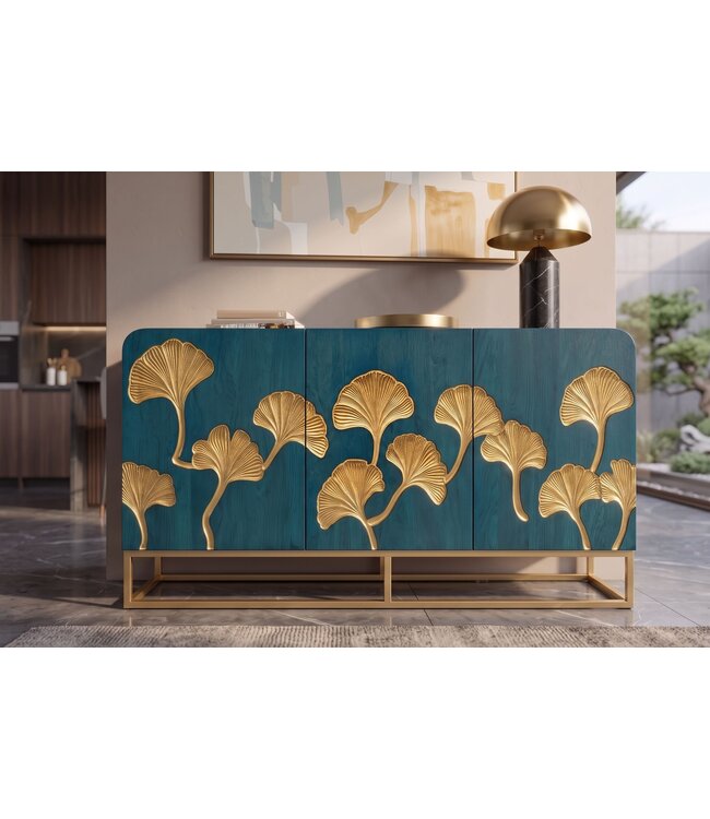Invicta Interior Dressoir GINKGO 160cm ginkgoblad front mangohout turkoois met gouden metalen frame - 49494