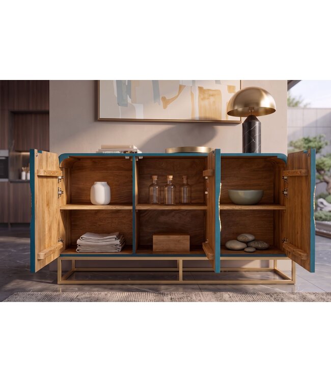 Invicta Interior Dressoir GINKGO 160cm ginkgoblad front mangohout turkoois met gouden metalen frame - 49494