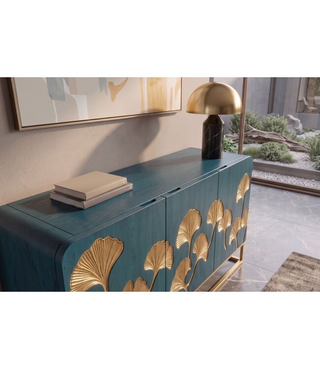 Invicta Interior Dressoir GINKGO 160cm ginkgoblad front mangohout turkoois met gouden metalen frame - 49494