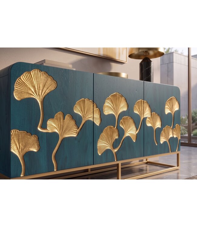 Invicta Interior Dressoir GINKGO 160cm ginkgoblad front mangohout turkoois met gouden metalen frame - 49494