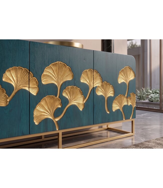 Invicta Interior Dressoir GINKGO 160cm ginkgoblad front mangohout turkoois met gouden metalen frame - 49494