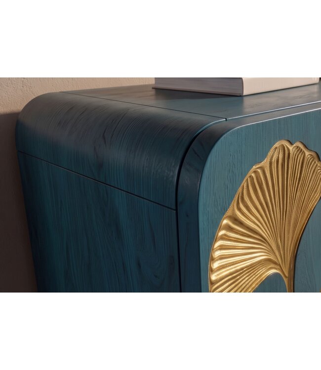 Invicta Interior Dressoir GINKGO 160cm ginkgoblad front mangohout turkoois met gouden metalen frame - 49494
