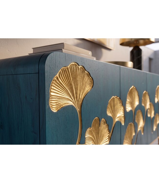 Invicta Interior Dressoir GINKGO 160cm ginkgoblad front mangohout turkoois met gouden metalen frame - 49494