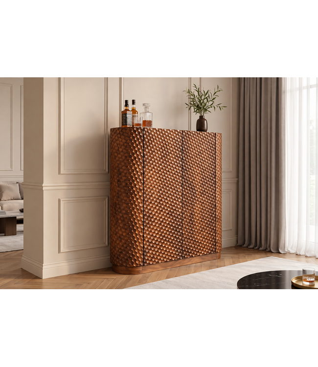 Invicta Interior Barmeubel ADLON 140cm 3D textuurfront afgeronde hoeken mangohout bruin met wijnrek - 48821