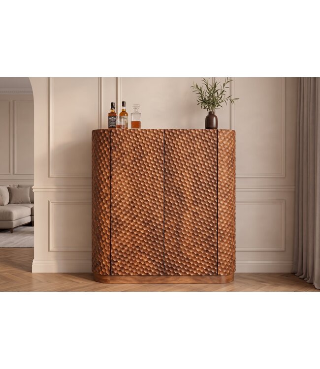 Invicta Interior Barmeubel ADLON 140cm 3D textuurfront afgeronde hoeken mangohout bruin met wijnrek - 48821