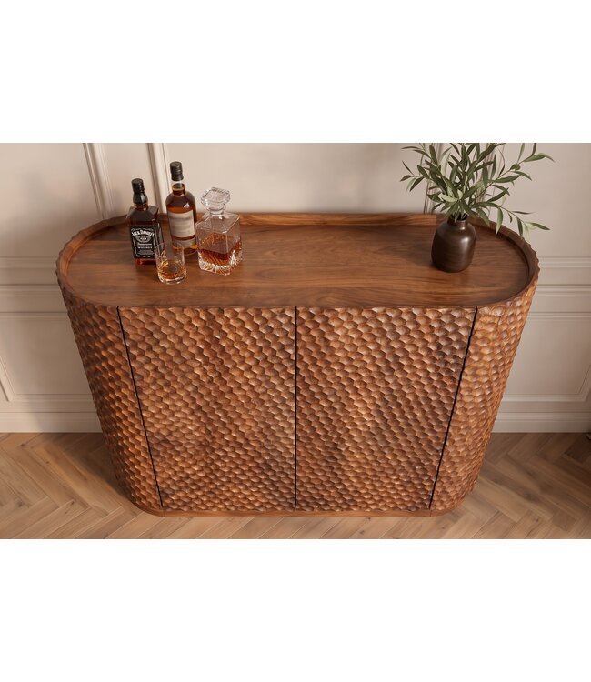 Invicta Interior Barmeubel ADLON 140cm 3D textuurfront afgeronde hoeken mangohout bruin met wijnrek - 48821