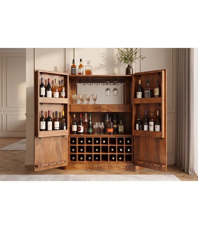 Invicta Interior Barmeubel ADLON 140cm 3D textuurfront afgeronde hoeken mangohout bruin met wijnrek - 48821