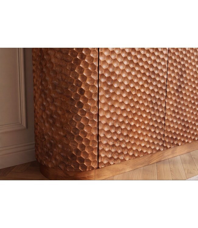 Invicta Interior Barmeubel ADLON 140cm 3D textuurfront afgeronde hoeken mangohout bruin met wijnrek - 48821