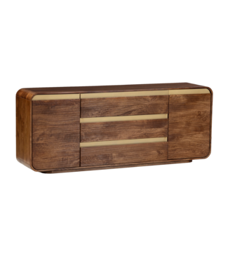 Invicta Interior Dressoir MONZA 180cm geribd front afgeronde hoeken mangohout bruin met gouddetails - 48834