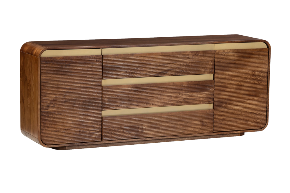 Dressoir MONZA 180cm geribd front afgeronde hoeken mangohout bruin met gouddetails - 48834