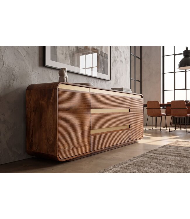 Invicta Interior Dressoir MONZA 180cm geribd front afgeronde hoeken mangohout bruin met gouddetails - 48834