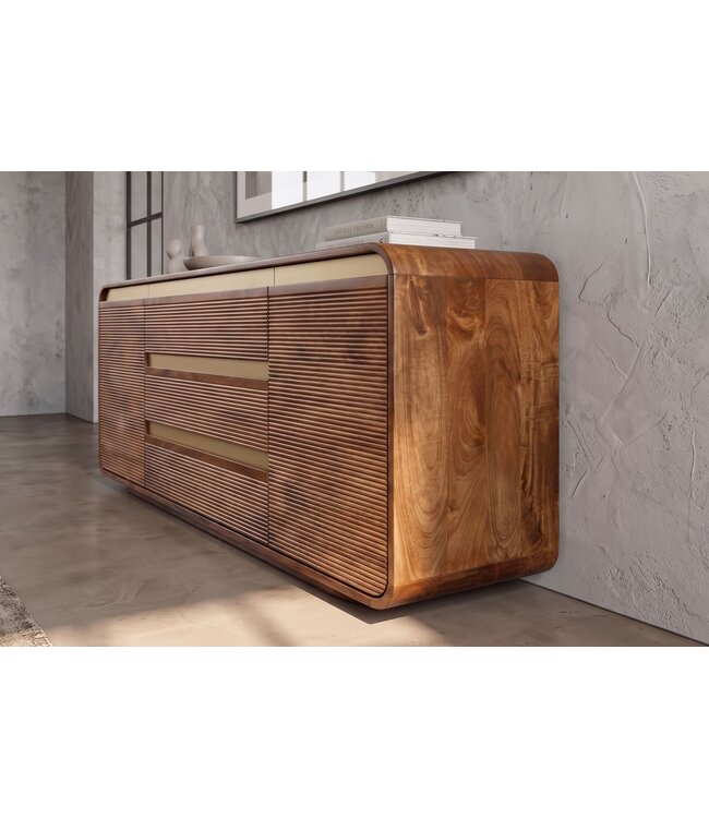 Invicta Interior Dressoir MONZA 180cm geribd front afgeronde hoeken mangohout bruin met gouddetails - 48834