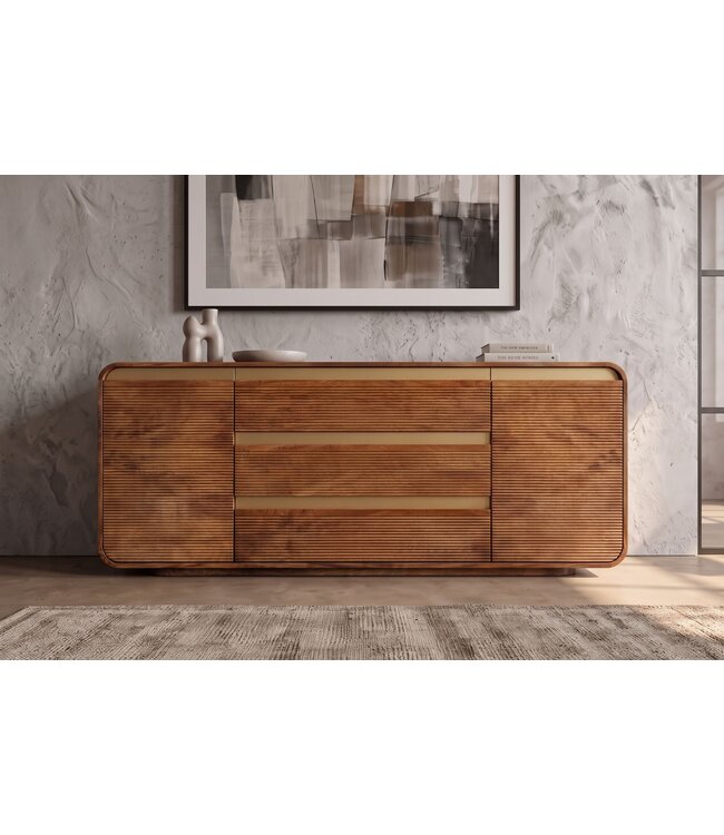 Invicta Interior Dressoir MONZA 180cm geribd front afgeronde hoeken mangohout bruin met gouddetails - 48834