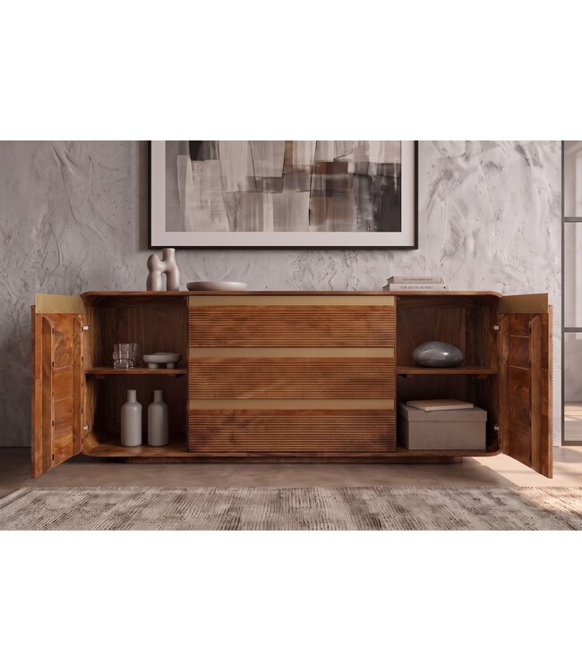 Invicta Interior Dressoir MONZA 180cm geribd front afgeronde hoeken mangohout bruin met gouddetails - 48834